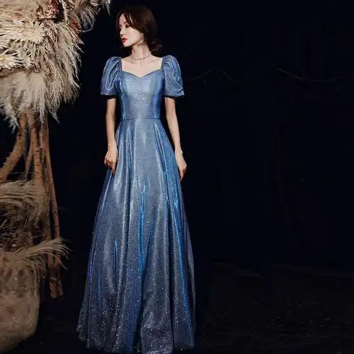 星空晚礼服新款蓝色长款亮片伴娘团气质年会姐妹礼服主持宴会礼服
