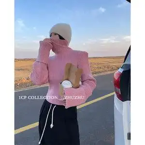 1cp 厚实粉色高领长袖针织上衣女2022冬季新款藏蓝色肩膀尖毛衣黑
