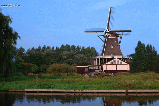 水边树林小屋风车图片_动态风景_ps图片素材_ps123.net