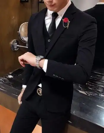 西装暴徒衣服休闲潮流韩版结婚西服三件套青年学生帅气修身一套 黑色