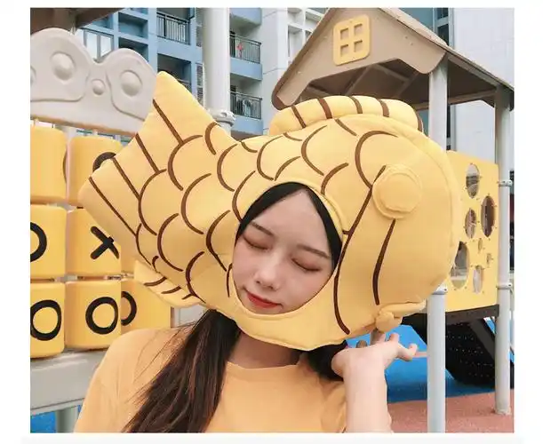 头套搞笑胖头鱼头鲷鱼烧头套搞怪搞笑动物网红可爱帽子拍照饰 黄色