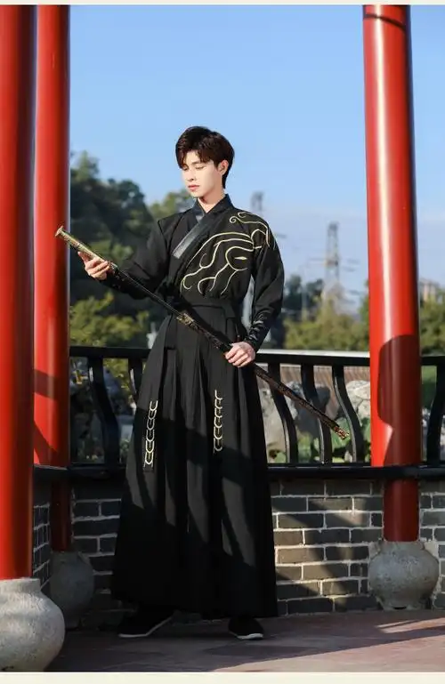 原创汉服男霸气黑色中国风武侠套装男学生公子古风书生日常表演服