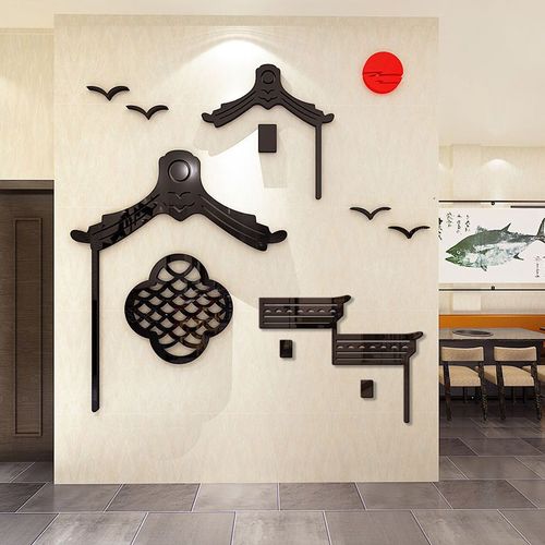 创意徽派建筑中国风江南小镇水墨画饭店墙壁装饰快餐火锅店墙贴画