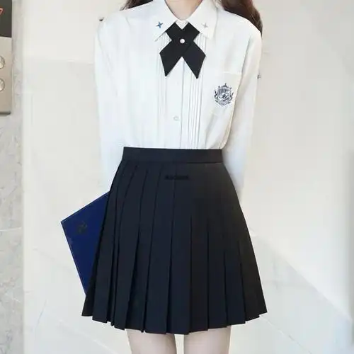 日系jk制服水手服jk基础款长袖风琴褶黑色白色衬衫女基础风琴褶角襟尖