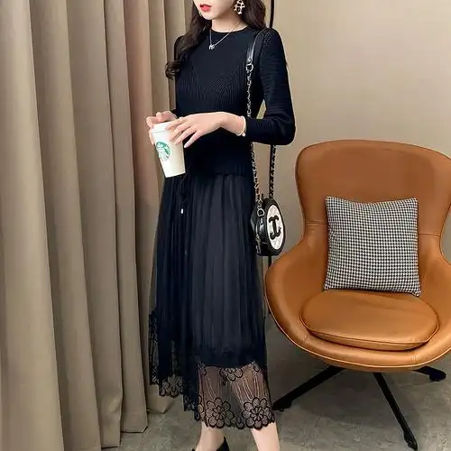 七分袖针织连衣裙新款打底裙子假两件气质冰丝蕾丝中长款春秋女装