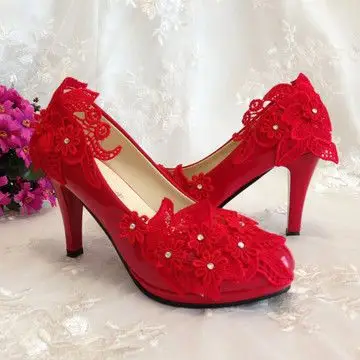 优雅 红色手工婚鞋新娘结婚高跟蕾丝水钻婚礼鞋萝莉公主宴会鞋礼服鞋