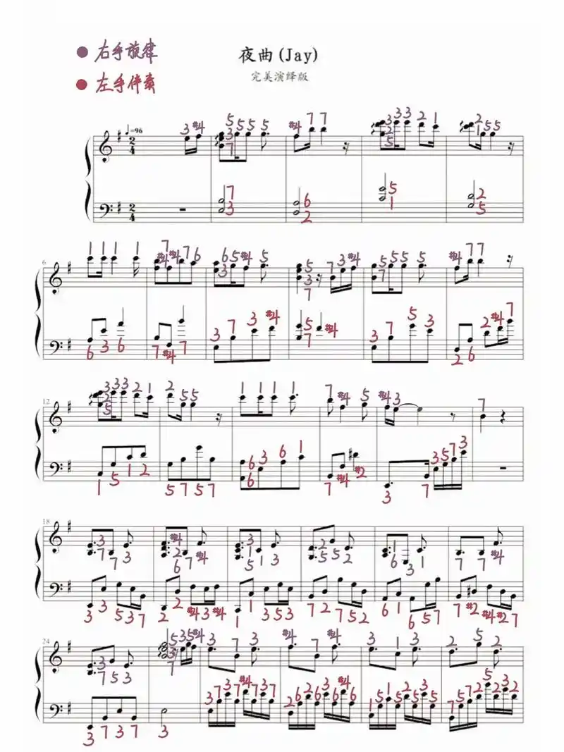 周杰伦《夜曲》钢琴谱(附双手简谱)～|||调号:升4 - 抖音