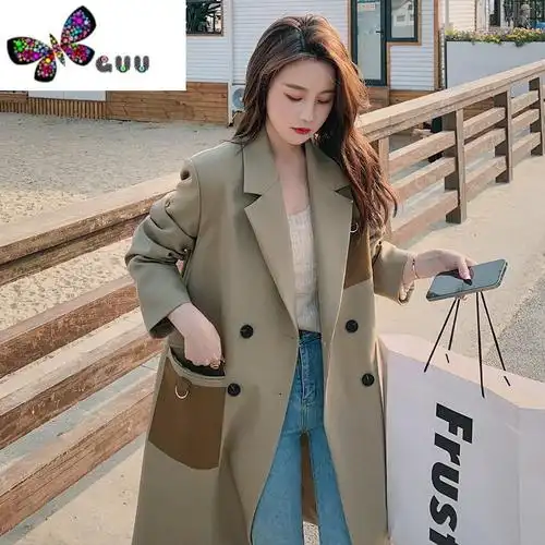 语娄西装式风衣外套女中长款学院风2023新款韩版宽松学生复古大衣