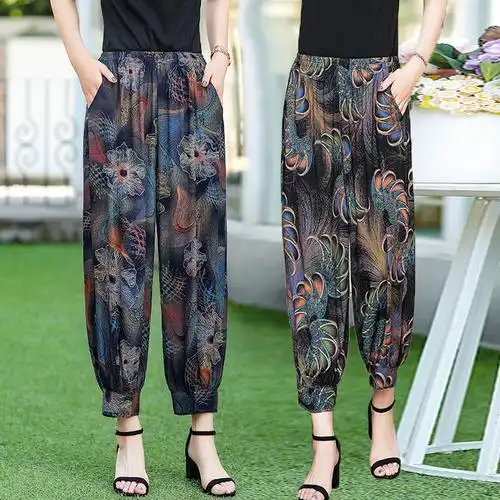 夏季妈妈裤子新款棉绸九分灯笼裤中老年女裤人造棉睡裤花色萝卜裤
