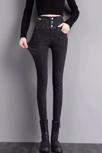 黑灰色牛仔裤女高腰春季2021新款显瘦紧身修身铅笔小脚裤