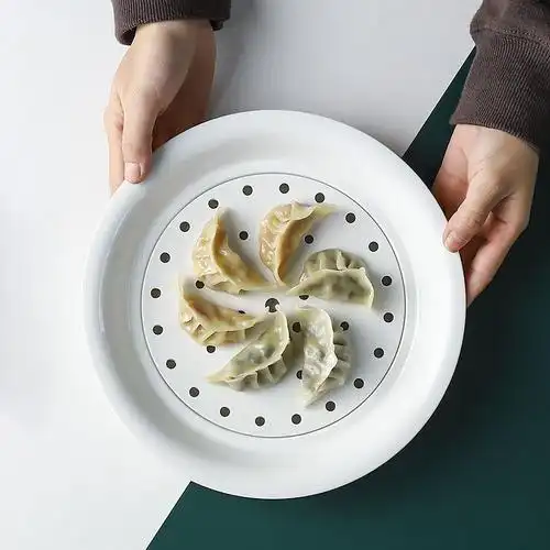 双层沥水陶瓷饺子盘餐盘圆形家用大号水饺盘三文鱼寿司盘蒸鱼盘饺子盘