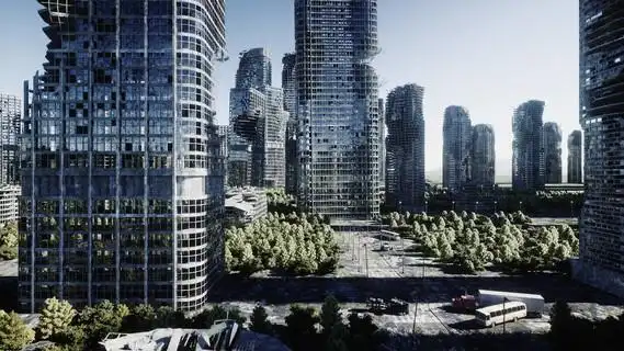 被摧毁的城市的鸟瞰图.启示的概念.3d 渲染