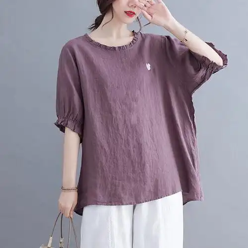 2021夏季新款棉麻上衣刺绣木耳领宽松显瘦纯色亚麻t恤女短袖