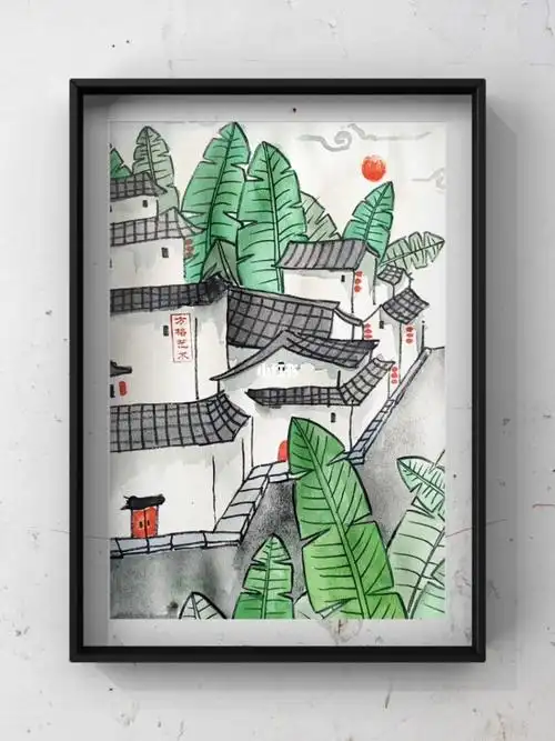 古镇芭蕉儿童风景创意画
