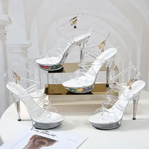 1099-b外贸性感外高跟鞋13cm细跟防水台凉鞋透明水晶鞋婚鞋宴