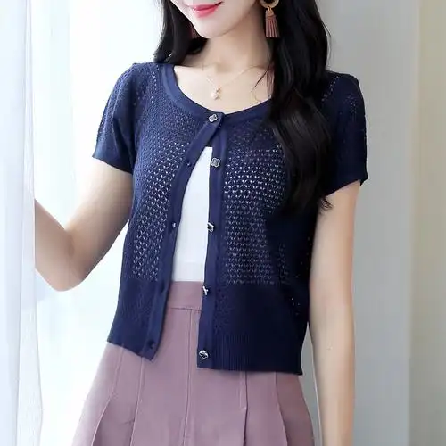 2018夏季新品针织衫短袖薄外搭开衫宽松女装短款镂空外套小披肩女
