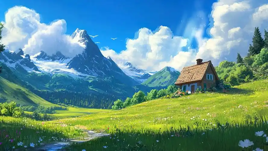 护眼绿色草地木屋-场景动态