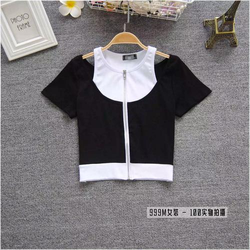 短袖t恤女上衣女士夏季新款个性拼接高腰短款露脐修身收腰打底衫