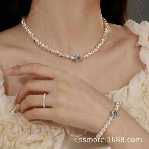 琛墨个性小众古风纯银满钻海蓝宝珍珠项链清冷气质简约优雅锁骨链