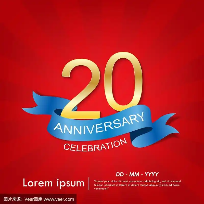 周年纪念典雅金色标志与蓝色丝带在红色的背景,矢量插图模板设计的