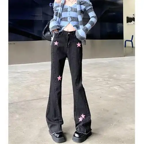 美式国潮微喇修身牛仔长裤女2024夏季新款百搭显高裤子 - 17网