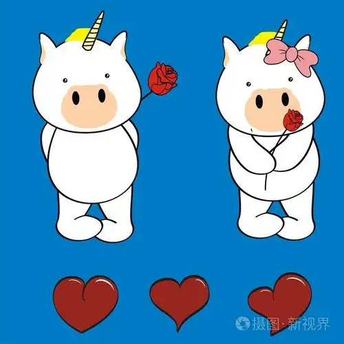 可爱的独角兽爱卡通情人节套装