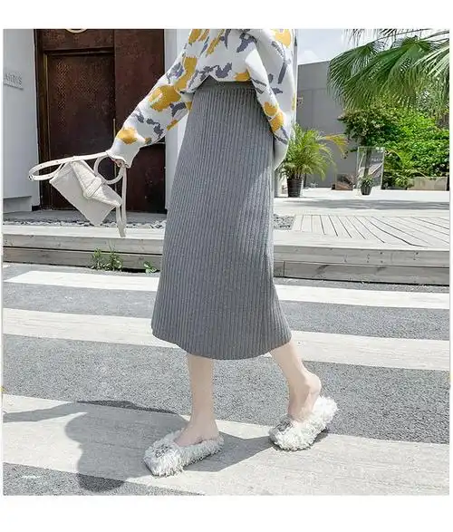 半身裙女字裙显瘦中长毛线裙字浅灰色75厘米加厚款不开叉m100115斤