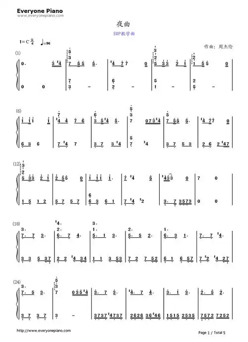 夜曲钢琴简谱-数字双手-周杰伦  jay1