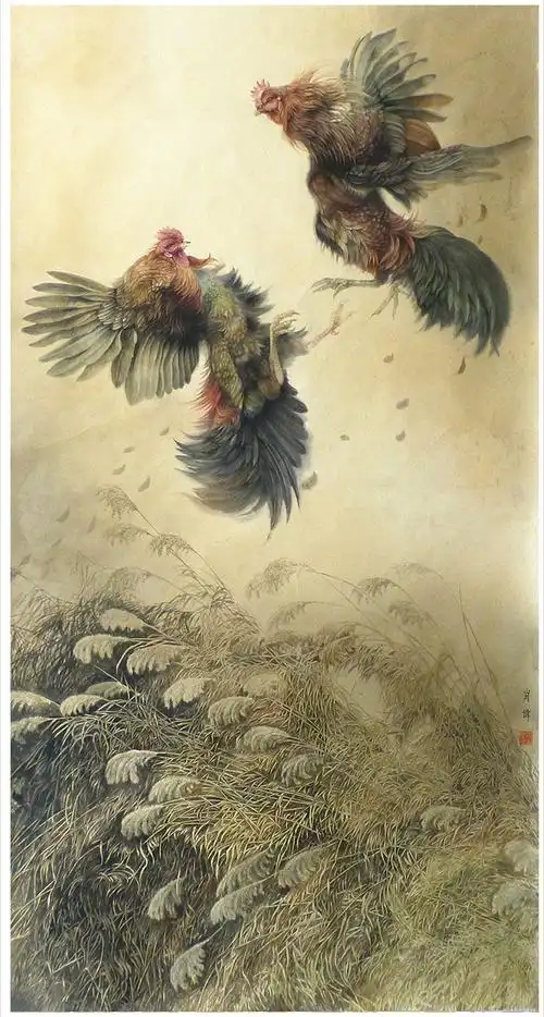 肖伟现代工笔画生宣纸留白斗鸡系列