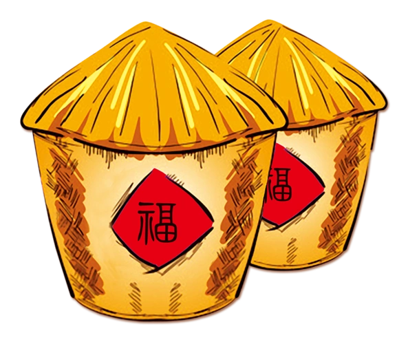 卡通手绘贴福字的黄色粮仓