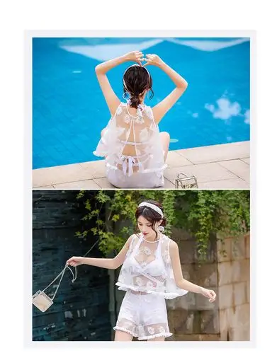 分体泳衣女四件套性感比基尼小胸钢托聚拢韩版小香风温泉显瘦泳装