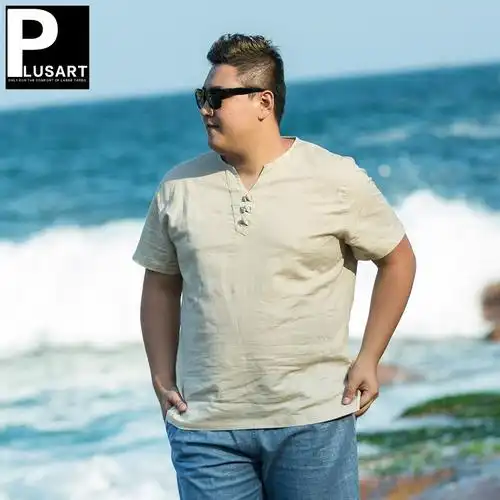 大码男装夏季棉麻男士短袖t恤 加肥加大肥佬胖子上衣民族风体恤男