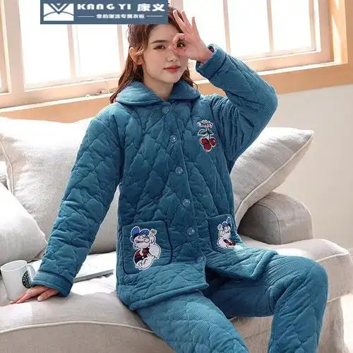 冬季睡衣女士冬季三层加厚法兰绒睡衣套装秋天保暖珊瑚绒夹棉袄家居服