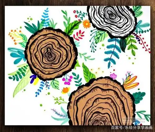 儿童画教程|色块与线条的相遇《记载岁月的年轮》