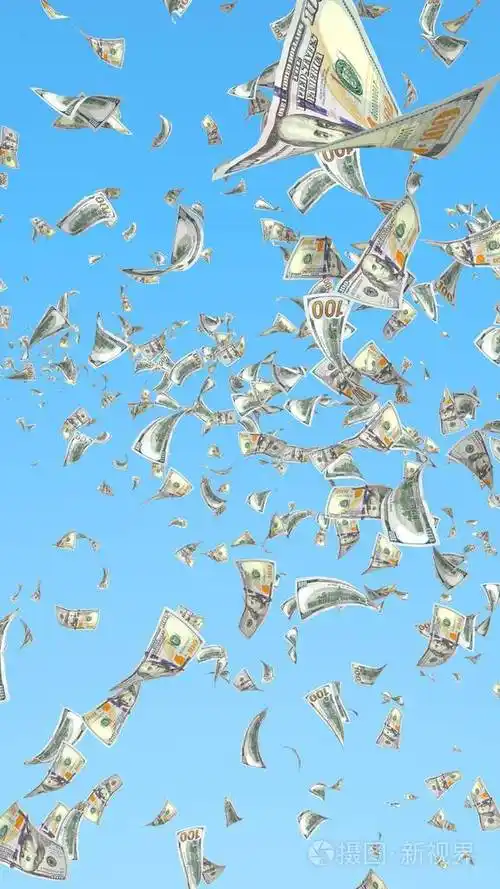 蓝色背景上孤立的飞扬美元钞票钱在天上飞100张美国钞票新样品三维