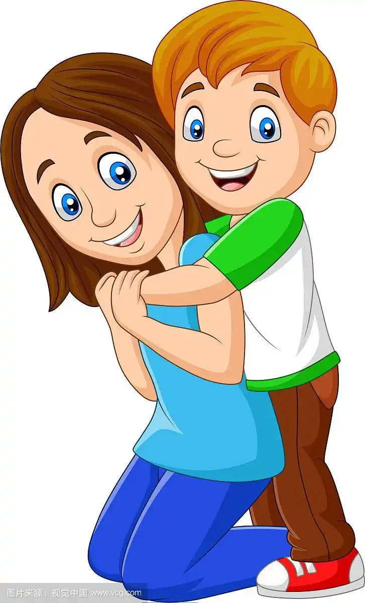 卡通快乐的男孩拥抱他的妈妈