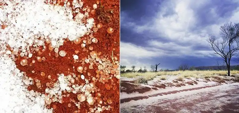 澳大利亚沙漠突降冰雹 红色土地"披上白衣"(3);红白相间,形成鲜明对比