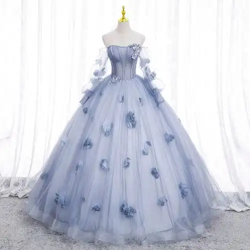 春夏新款学生浅蓝灰洋气轻婚纱缎蓝裙甜美连衣裙结婚领证登记礼服