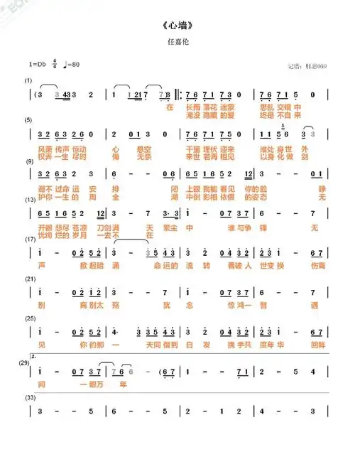 任嘉伦《心墙》简谱_任嘉伦_简谱_锦衣之下_任嘉伦心墙_娱乐_明星娱乐