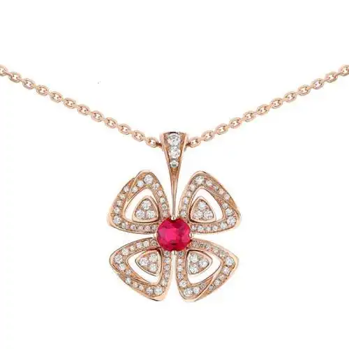 宝格丽fiorever系列18k金玫瑰金镶嵌红宝石与密镶钻石四叶草吊坠项链