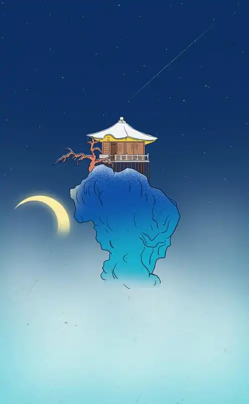 中国风青绿山水画蓬莱仙境云雾亭台楼阁古风意境国潮插画