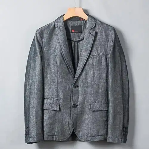 休闲深灰色亚麻单西西装男外套韩版修身男士商务西服