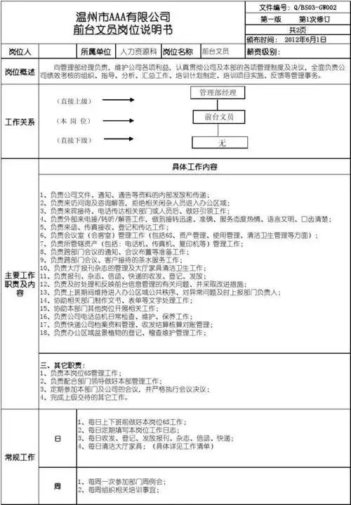 前台文员岗位说明书