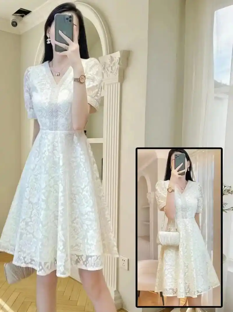 姐妹们^o^这款名媛气质蕾丝a字连衣裙也太美了吧!v领