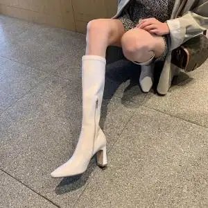 高端白色靴子女中筒靴不过膝长靴小个子高跟弹力网红瘦瘦靴高筒骑