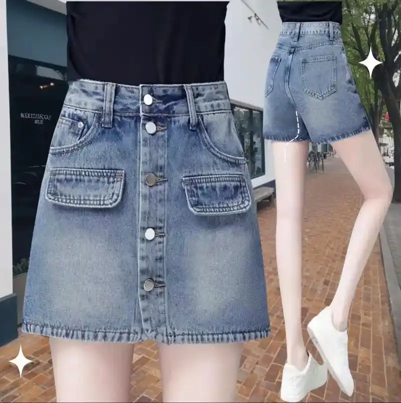 牛仔短裙女春夏新款设计感高腰排扣a字短裤裙假两件半身包臀裙 - 抖