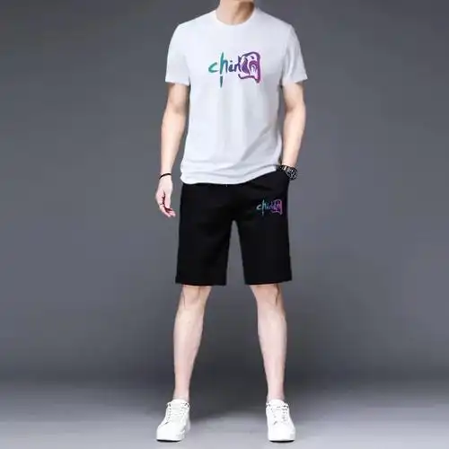 冰丝速干短袖两件套2024新款短裤套装男士百搭休闲运动t恤五分裤