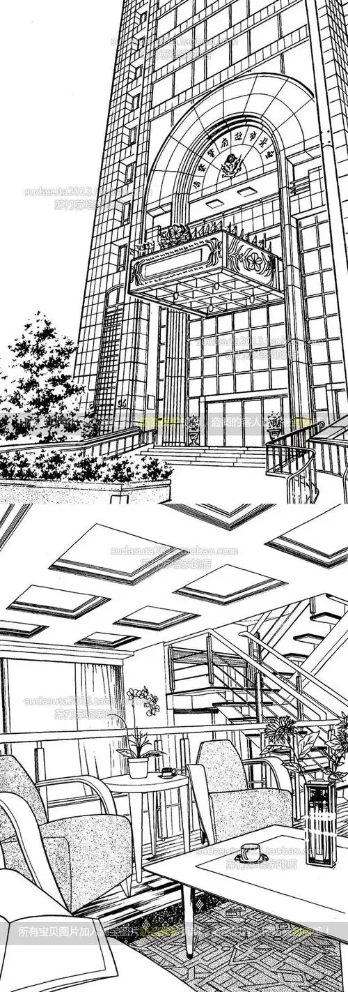 105张现代建筑场景线稿图片 黑白cg漫画背景城市街道背景学校大厦