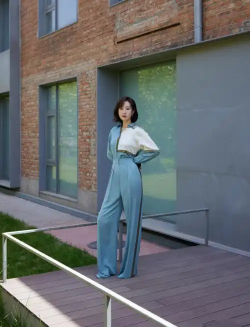 原来刘敏涛这么潮穿拼色衬衫搭蓝色阔腿裤颇有几分韵味