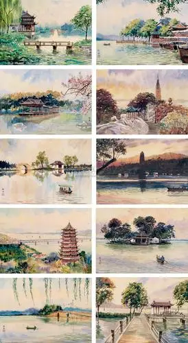 0210西湖十景镜片设色纸本